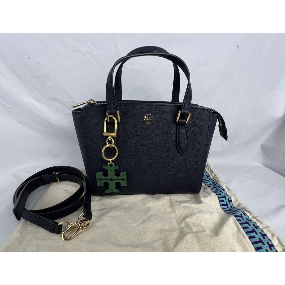 TORY BURCH Mini Emerson Tote Navy Blue Saffiano Leather Satchel Bag Charm